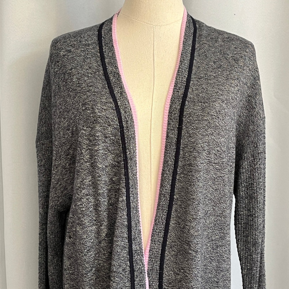 T by Talbots Cardigan‎ Women Large Gray Pink Trim Open Front Longline Loungewear - Picture 9 of 11